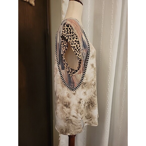 Ces Femme Womens Stretch Knit Top Tie Dye Animal‎ Print Mixed Media Boho Small - Picture 3 of 6